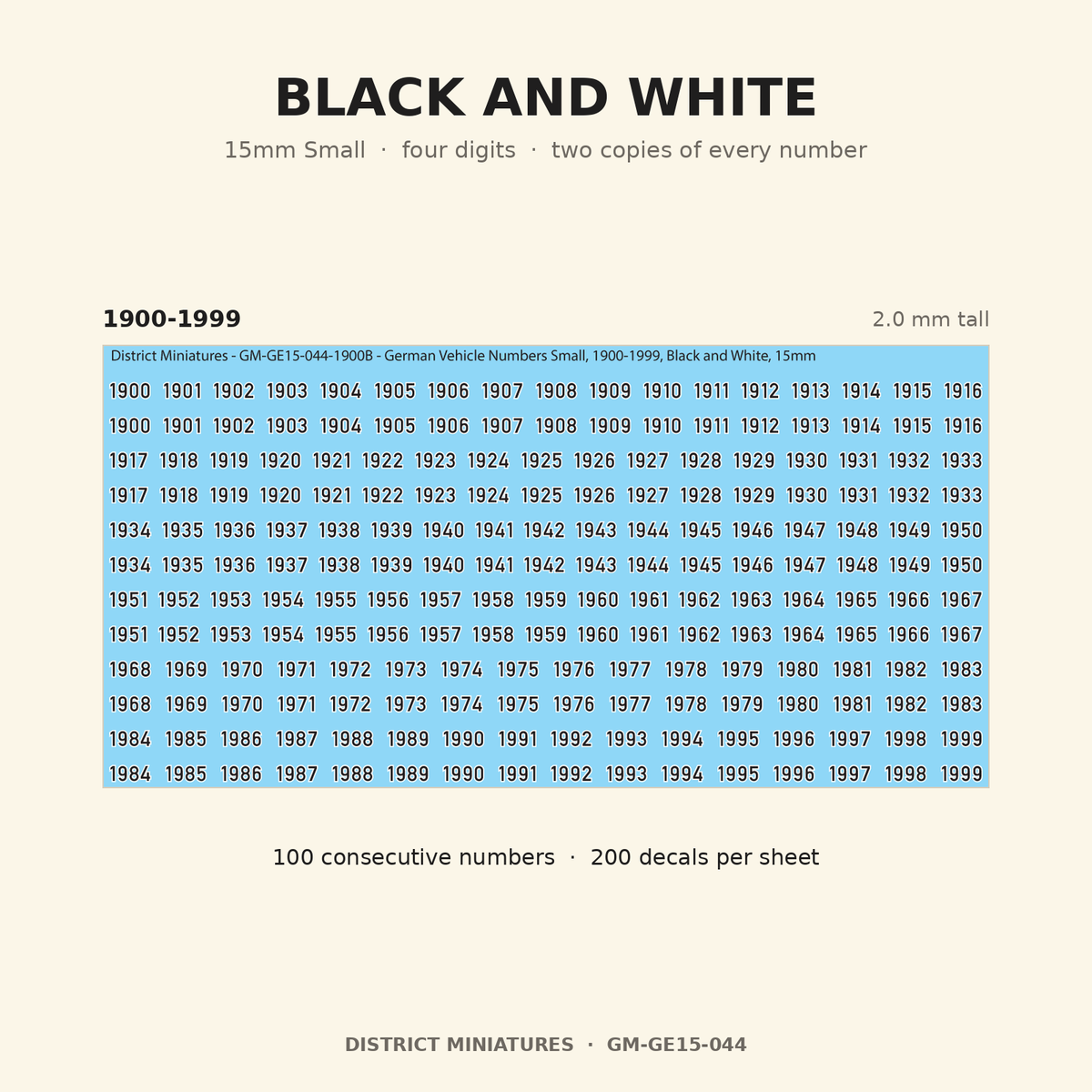 Black and White — 15mm Small four-digit vehicle numbers