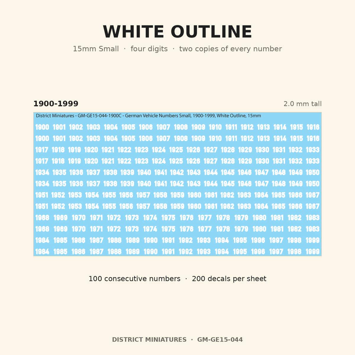 White Outline — 15mm Small four-digit vehicle numbers