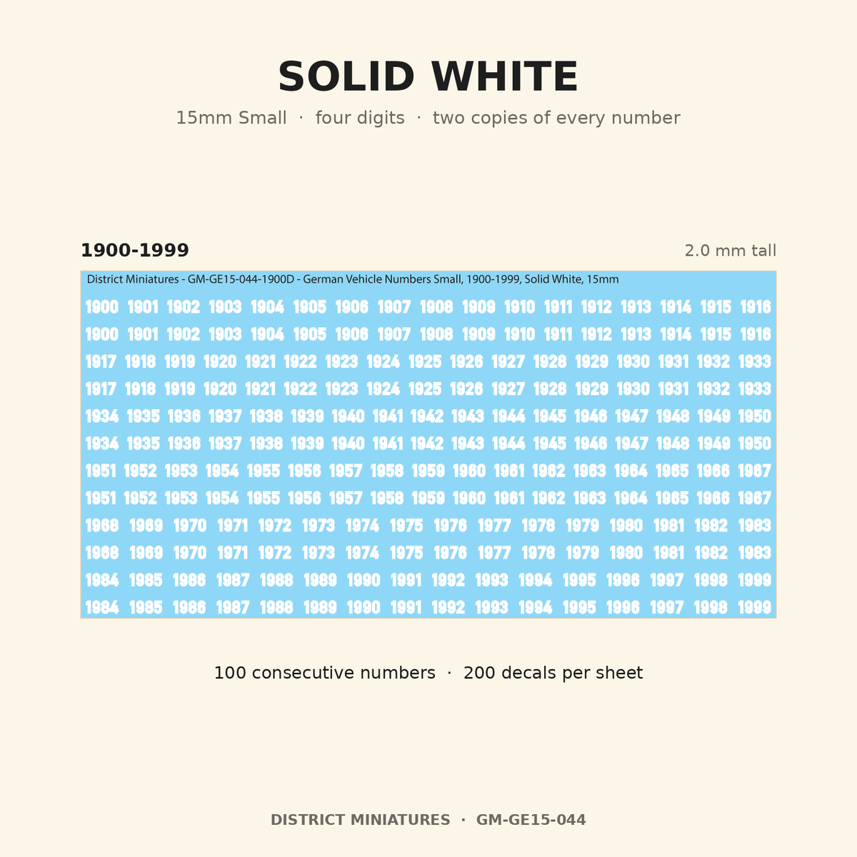 Solid White — 15mm Small four-digit vehicle numbers