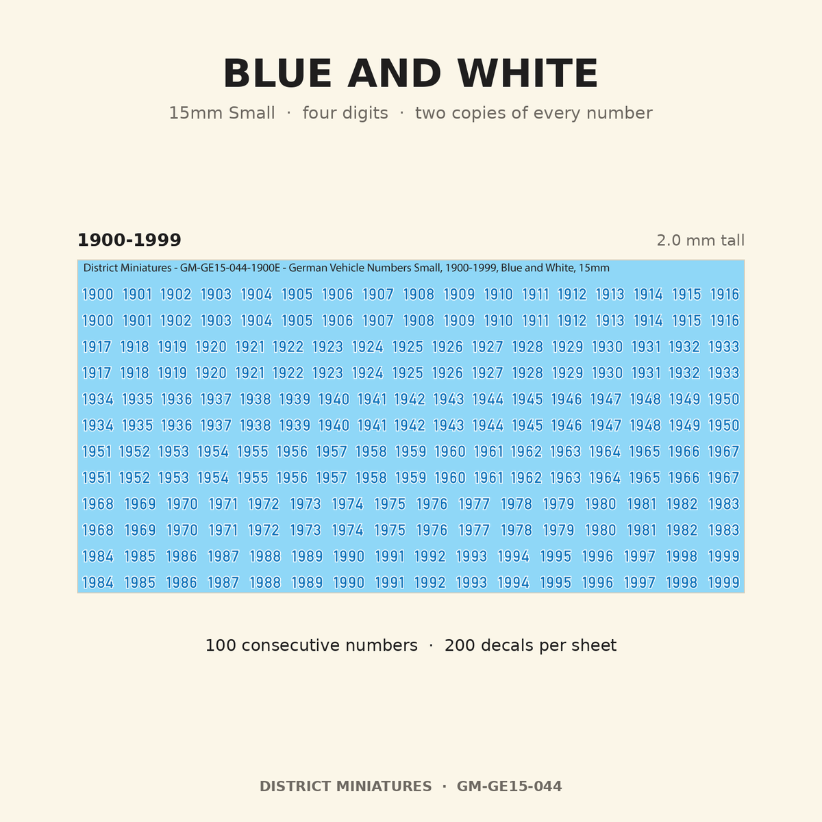 Blue and White — 15mm Small four-digit vehicle numbers