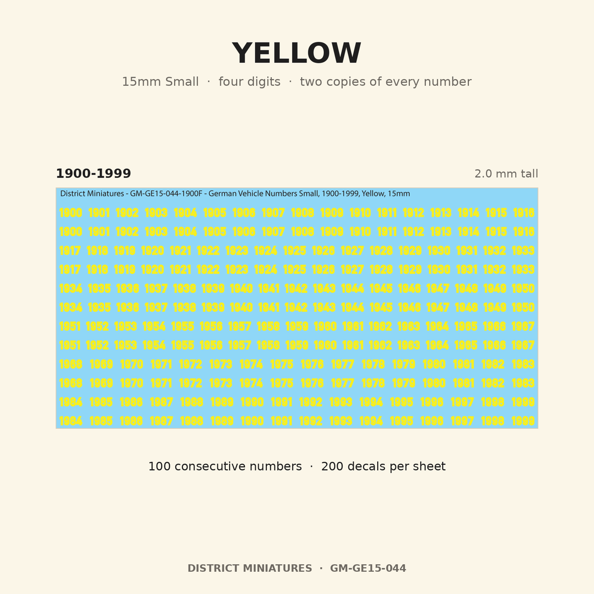 Yellow — 15mm Small four-digit vehicle numbers
