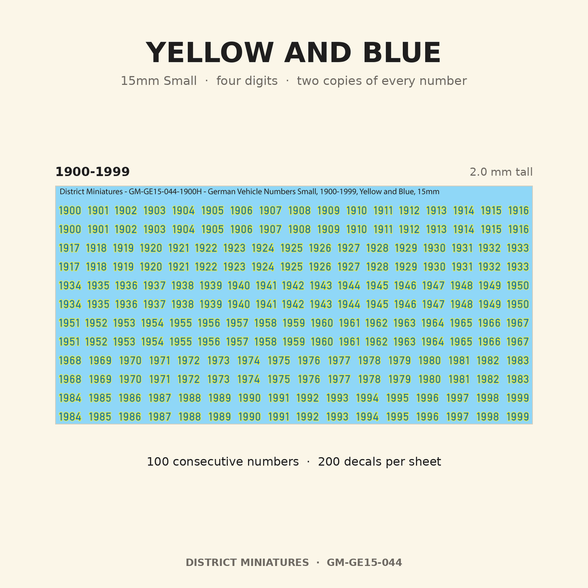 Yellow and Blue — 15mm Small four-digit vehicle numbers