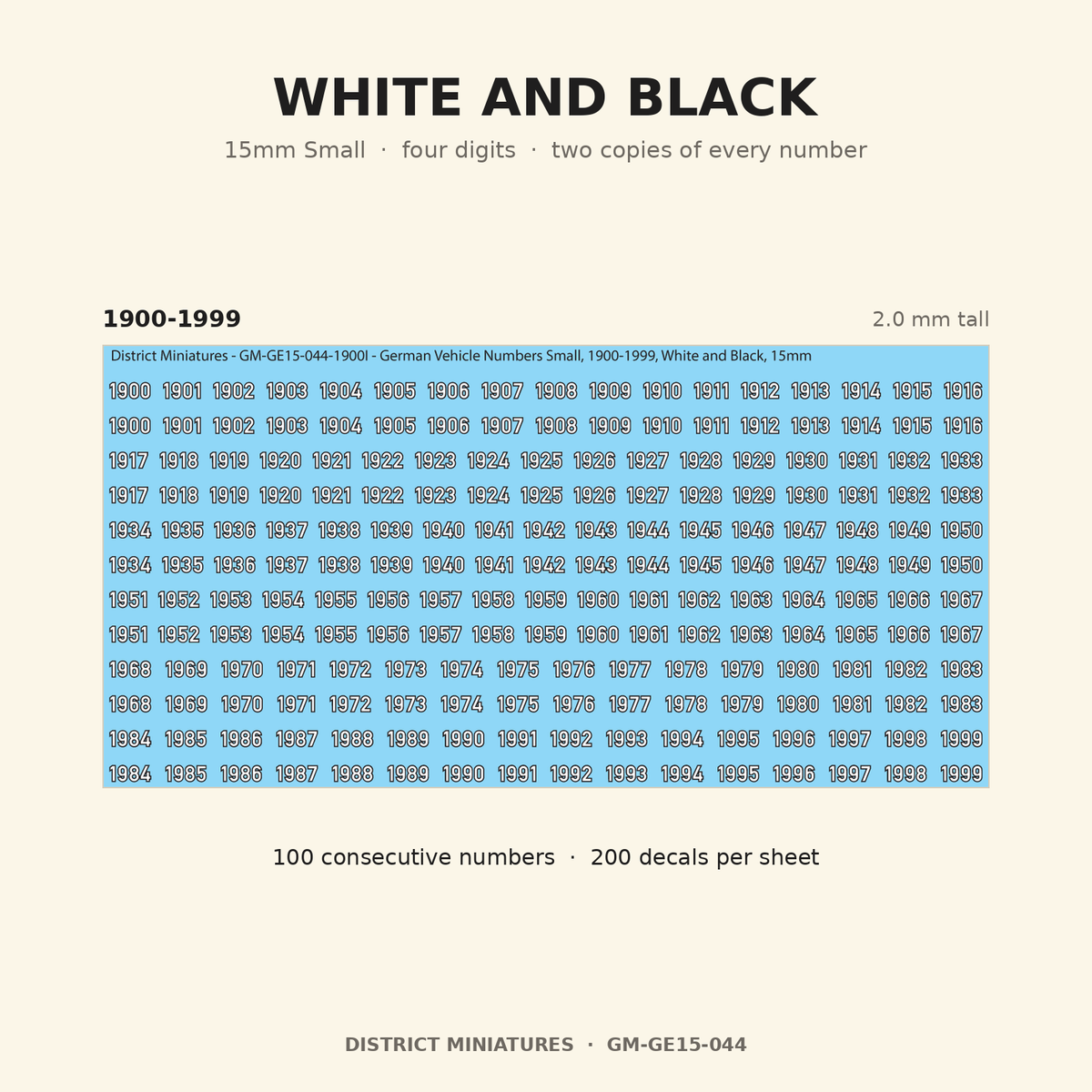 White and Black — 15mm Small four-digit vehicle numbers