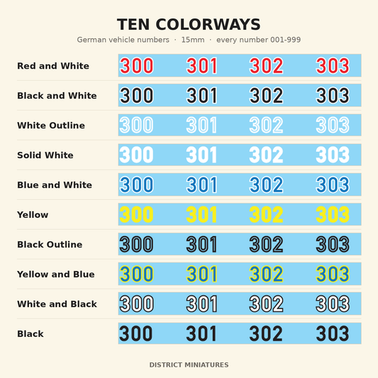German vehicle number decals in ten colorways, 15mm