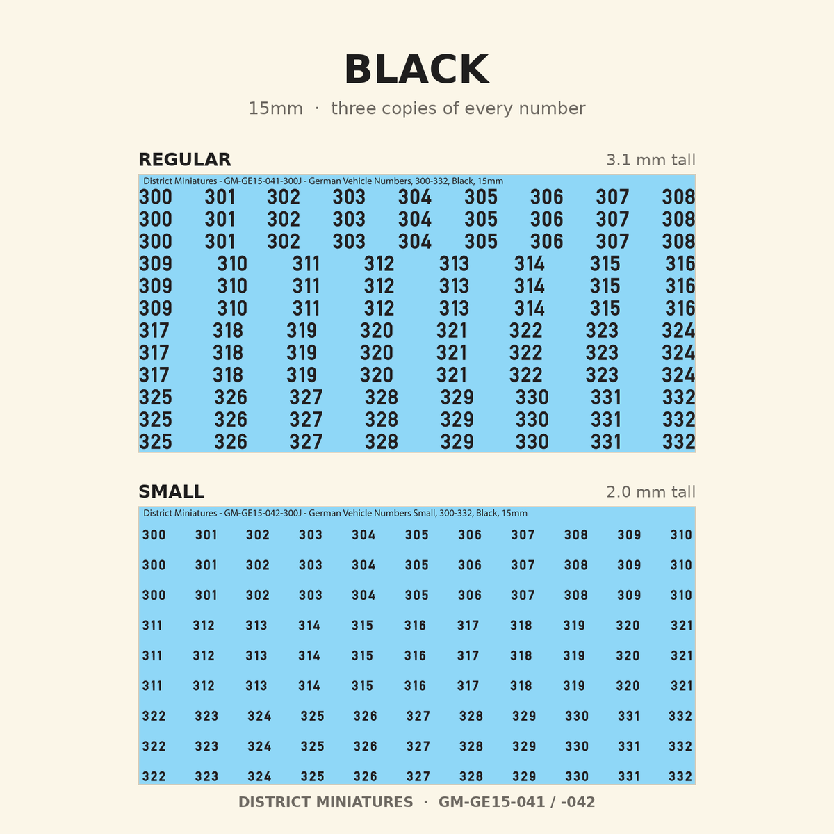 Black German vehicle numbers, 15mm decal sheet, regular and small