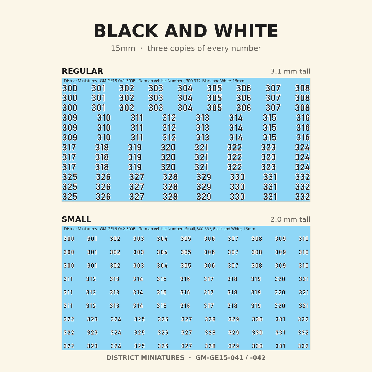Black and White German vehicle numbers, 15mm decal sheet, regular and small