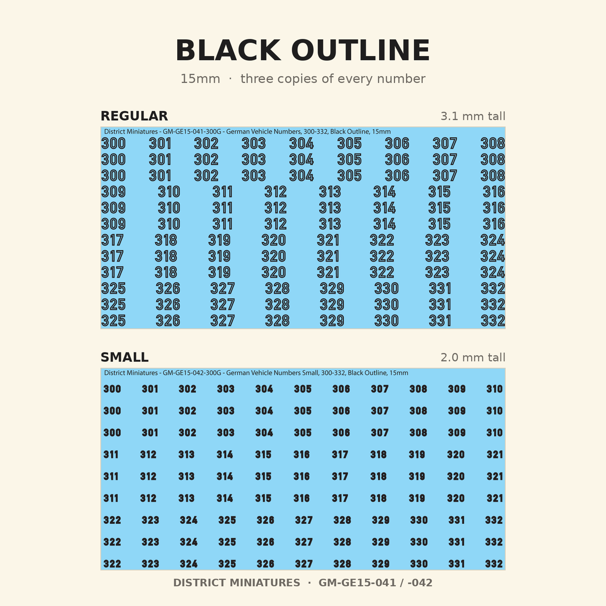 Black Outline German vehicle numbers, 15mm decal sheet, regular and small