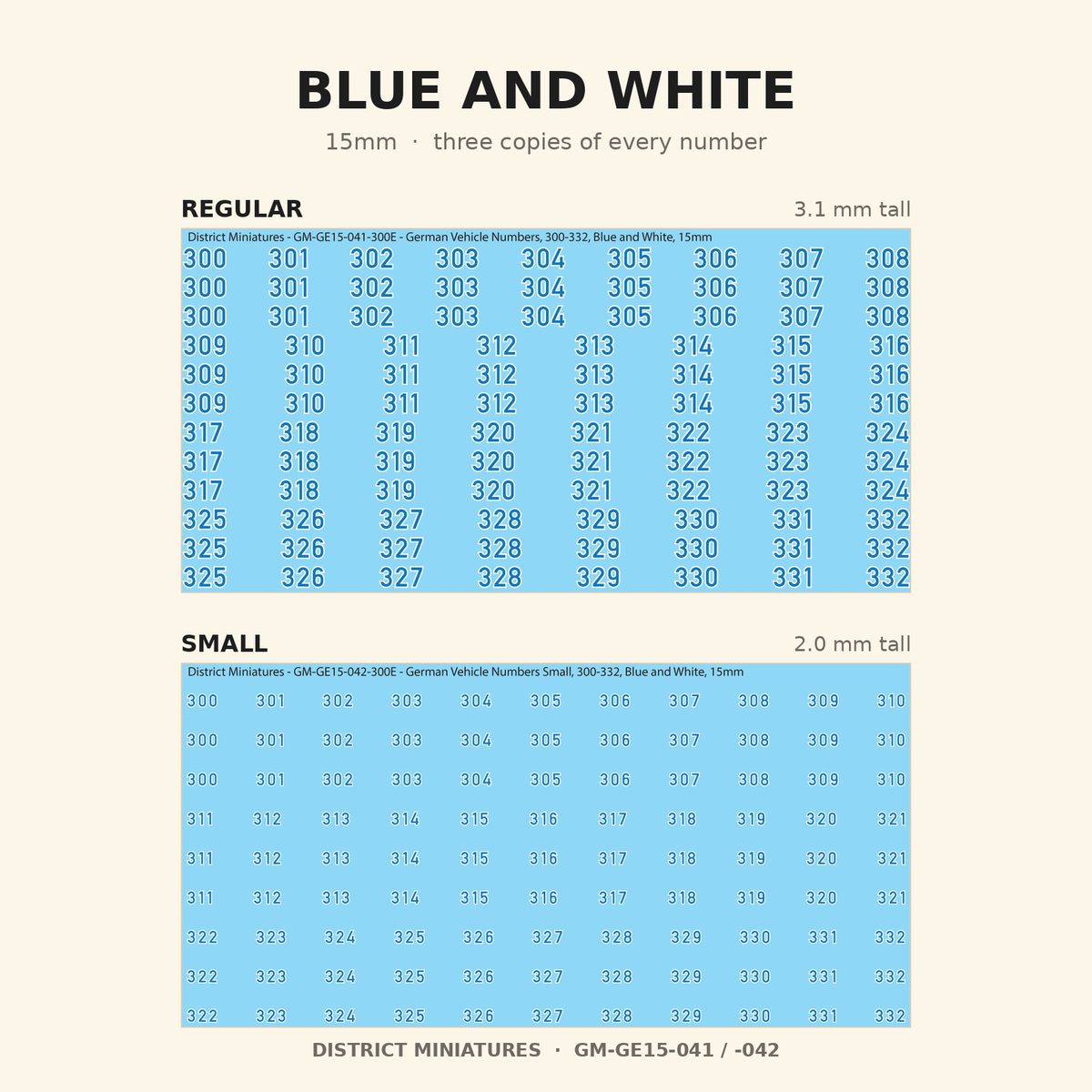 Blue and White German vehicle numbers, 15mm decal sheet, regular and small