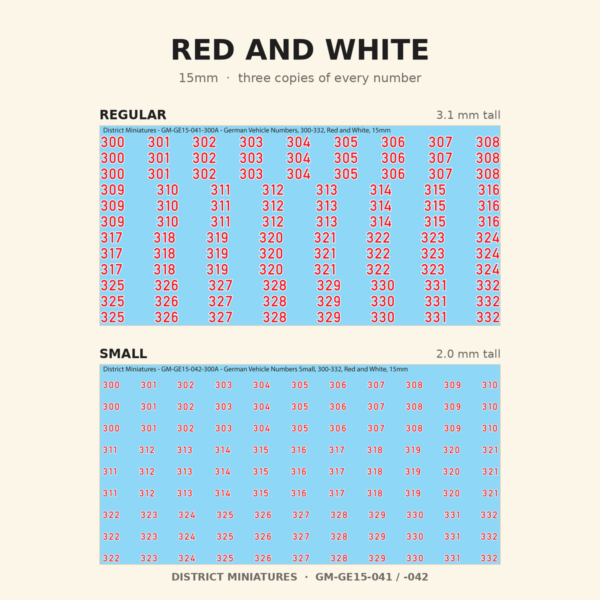 Red and White German vehicle numbers, 15mm decal sheet, regular and small
