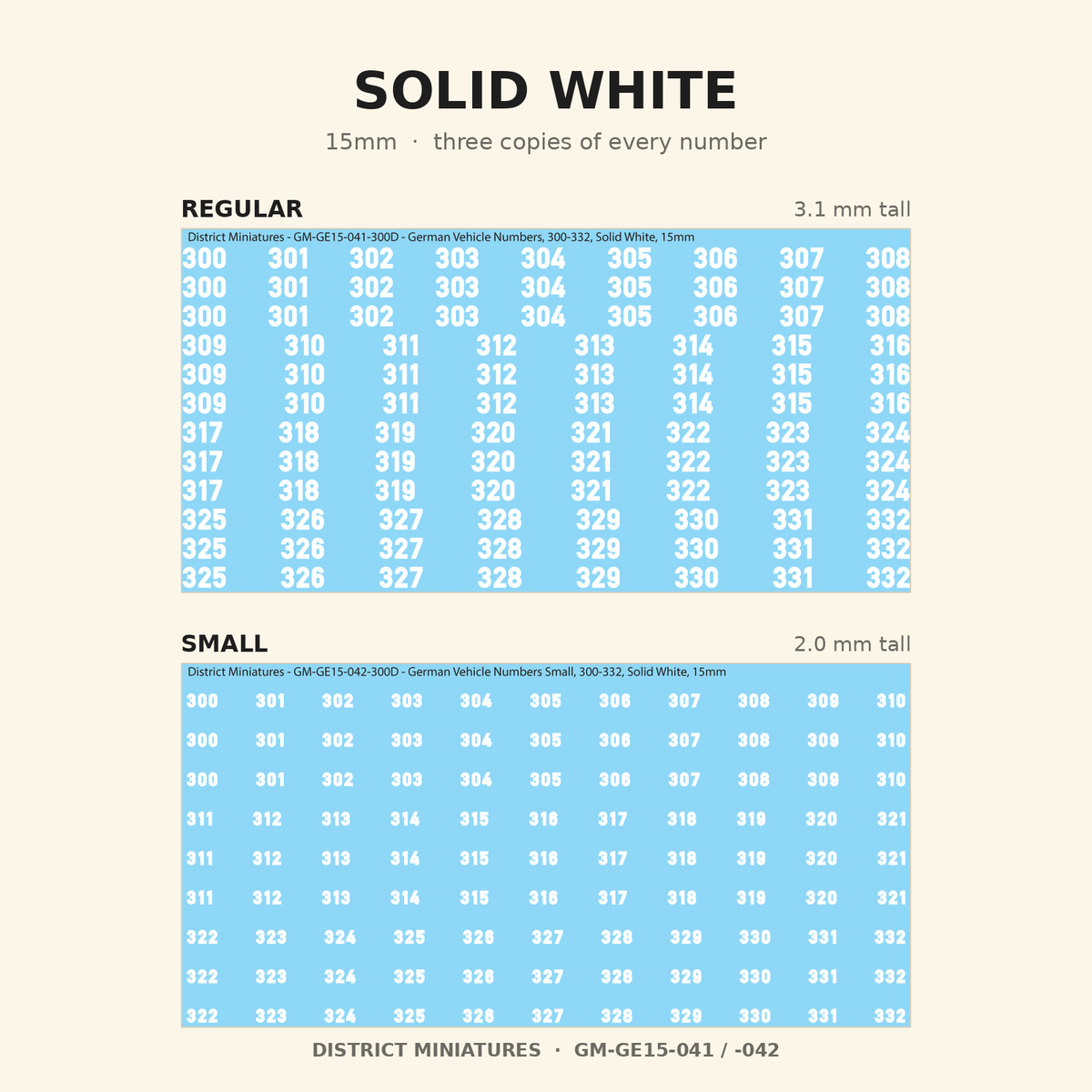 Solid White German vehicle numbers, 15mm decal sheet, regular and small