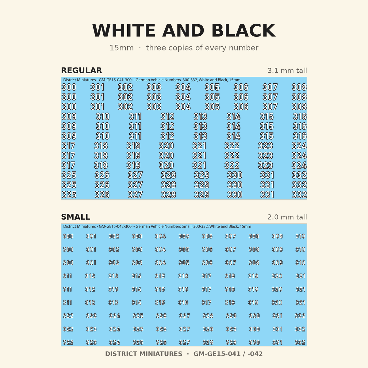 White and Black German vehicle numbers, 15mm decal sheet, regular and small