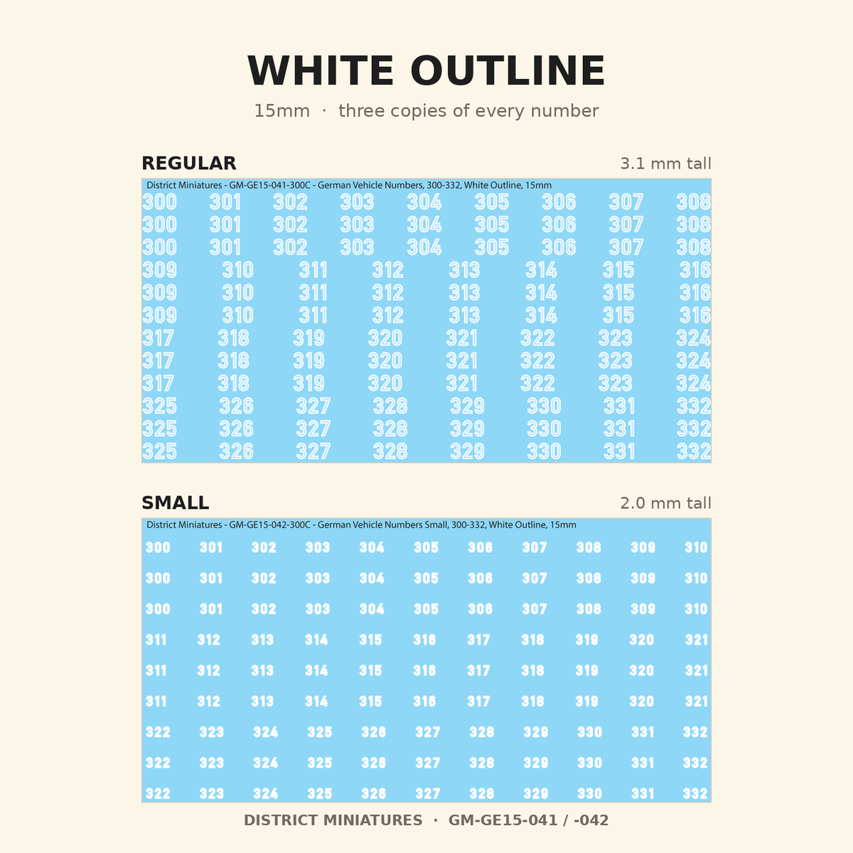 White Outline German vehicle numbers, 15mm decal sheet, regular and small
