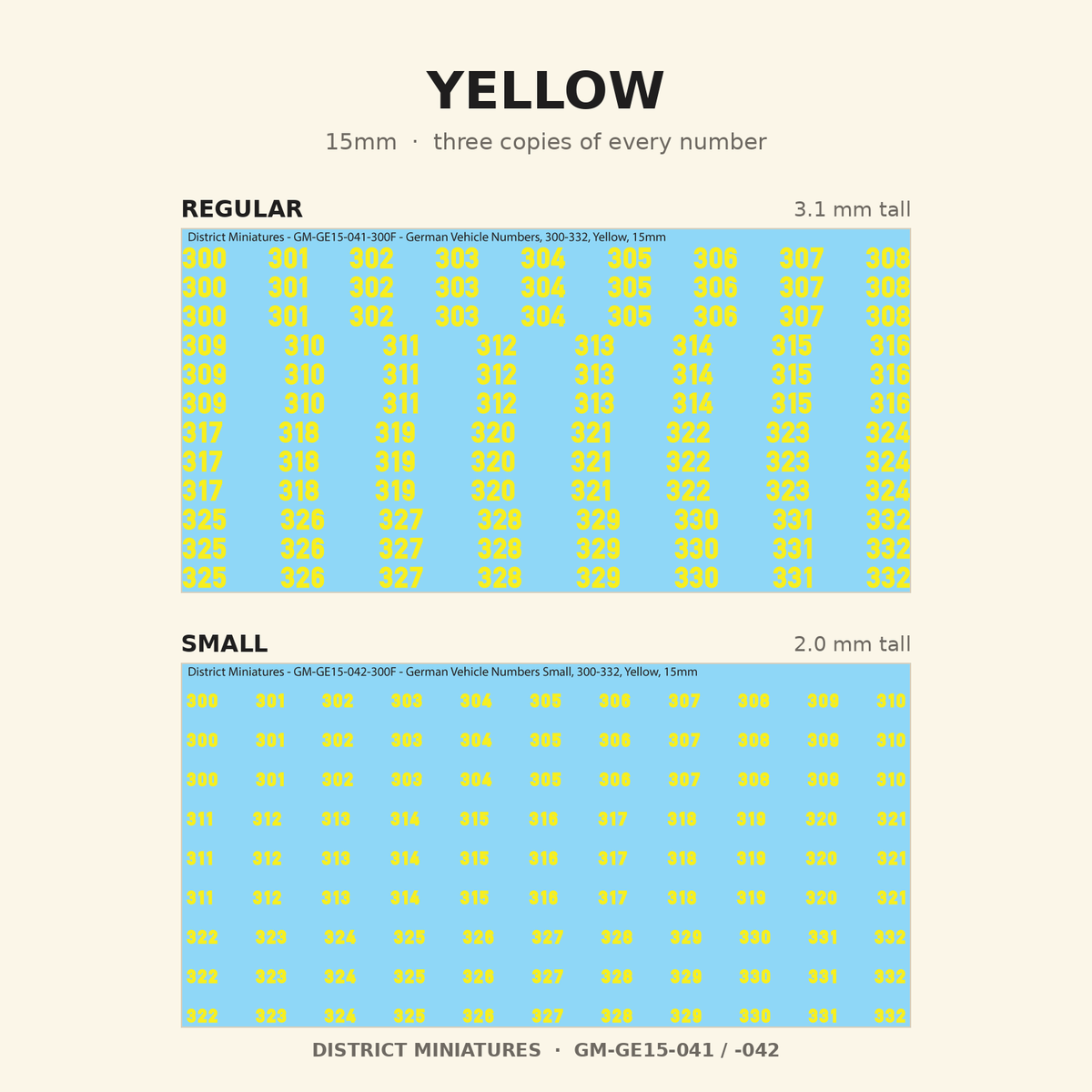 Yellow German vehicle numbers, 15mm decal sheet, regular and small