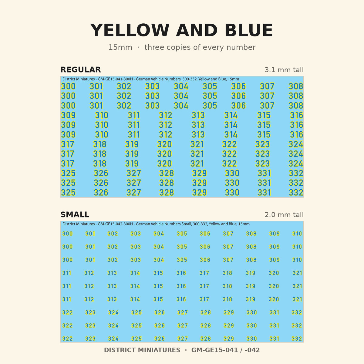 Yellow and Blue German vehicle numbers, 15mm decal sheet, regular and small