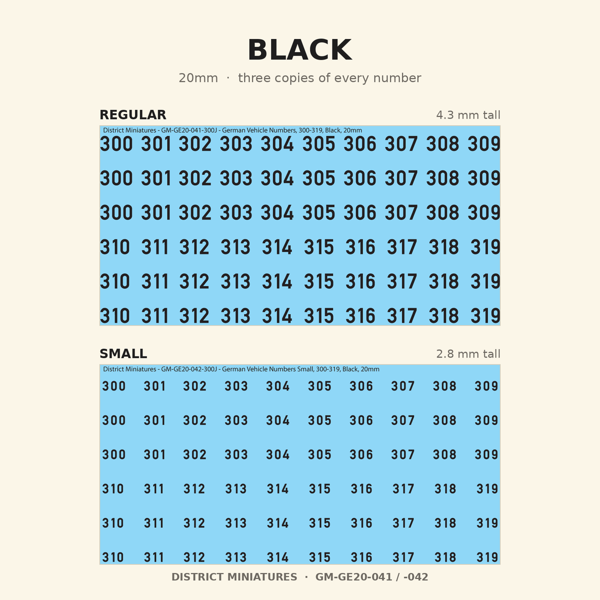 Black German vehicle numbers, 20mm, Regular and Small