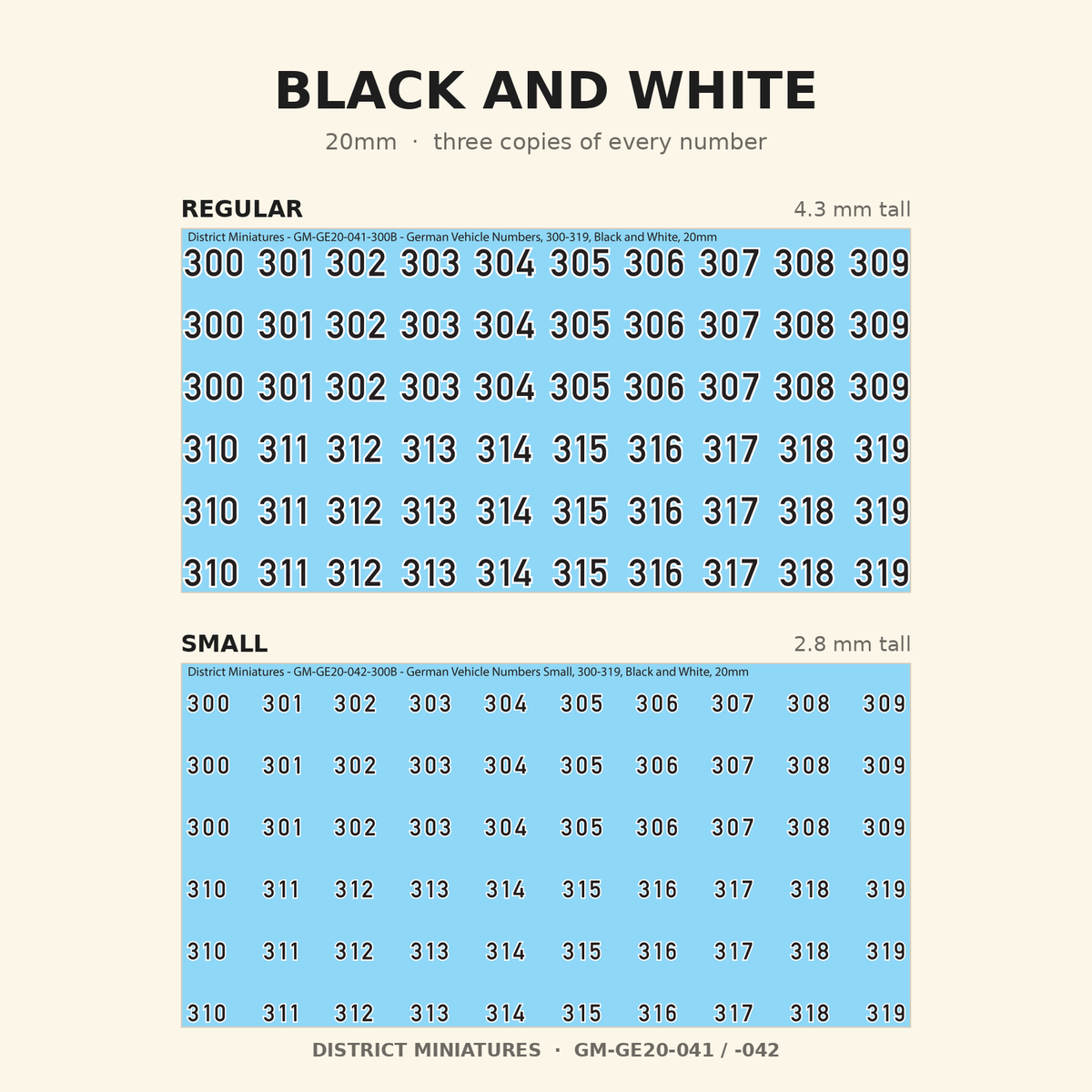 Black and White German vehicle numbers, 20mm, Regular and Small