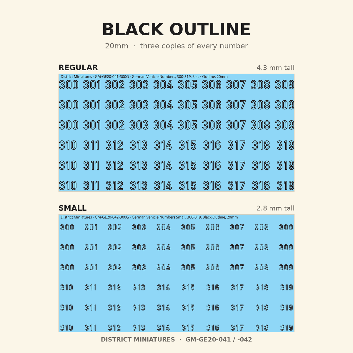 Black Outline German vehicle numbers, 20mm, Regular and Small