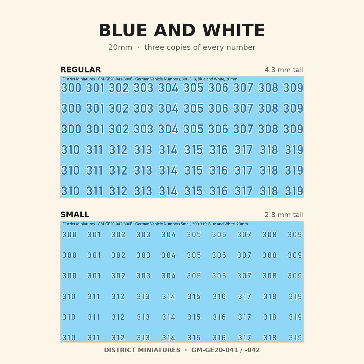 Blue and White German vehicle numbers, 20mm, Regular and Small