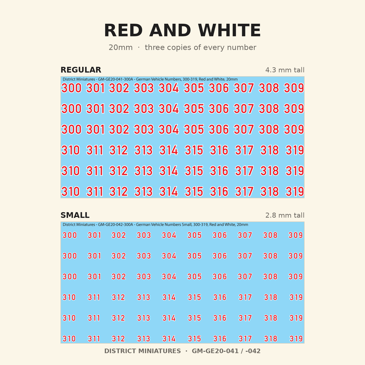 Red and White German vehicle numbers, 20mm, Regular and Small