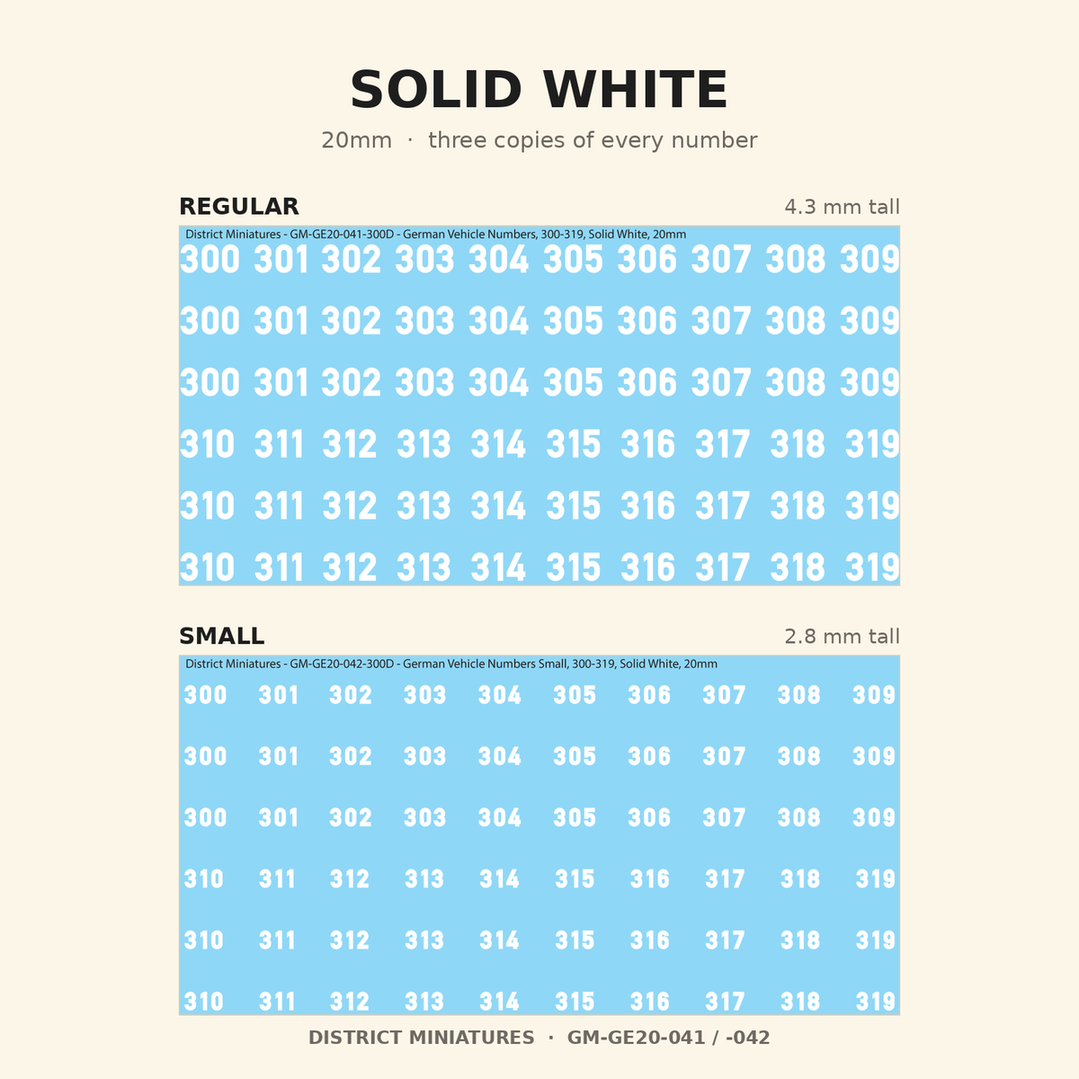 Solid White German vehicle numbers, 20mm, Regular and Small