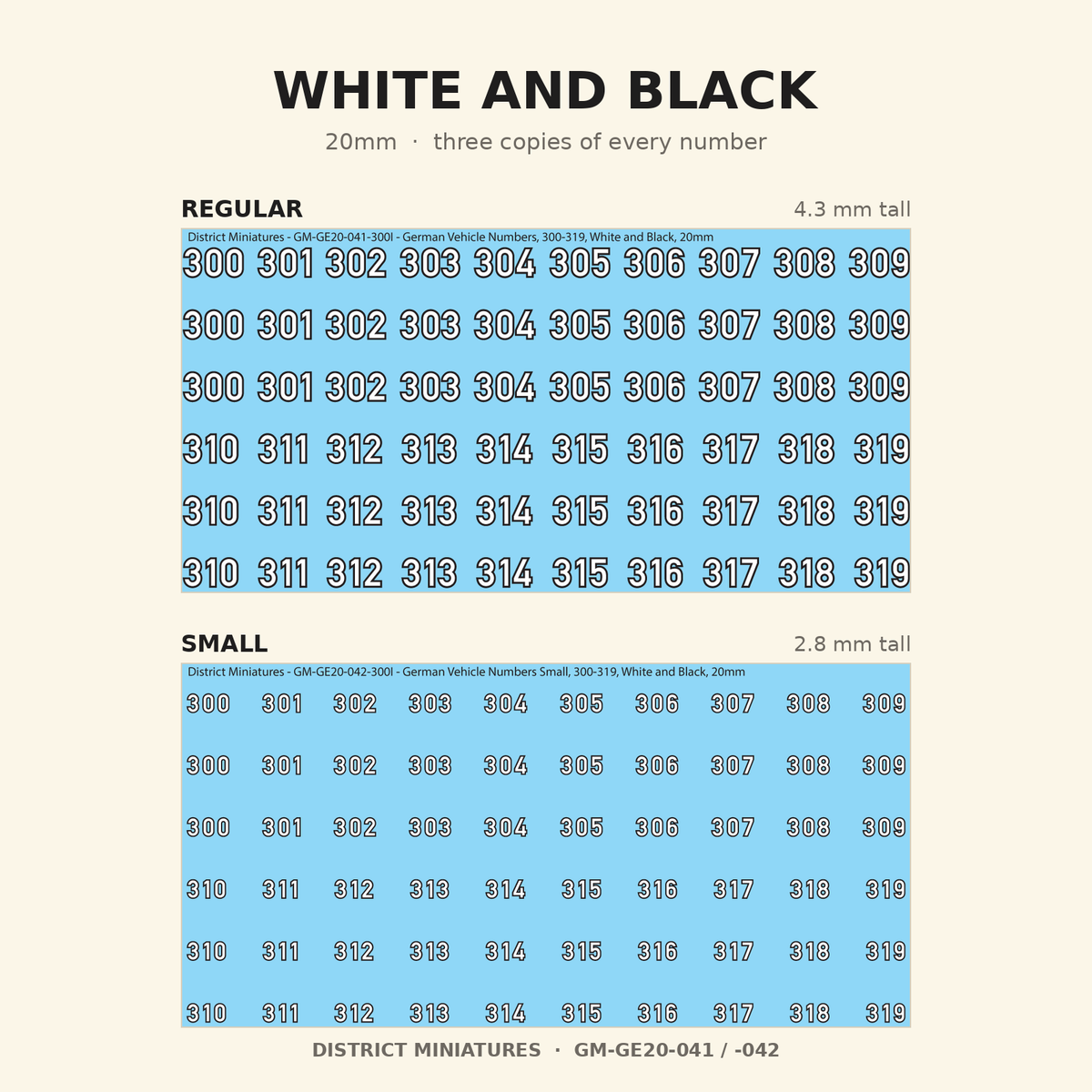 White and Black German vehicle numbers, 20mm, Regular and Small