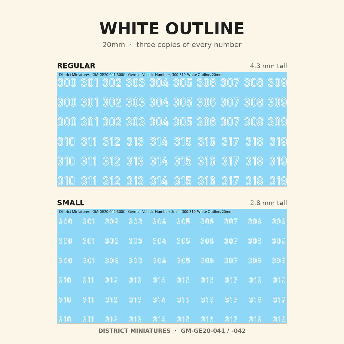 White Outline German vehicle numbers, 20mm, Regular and Small