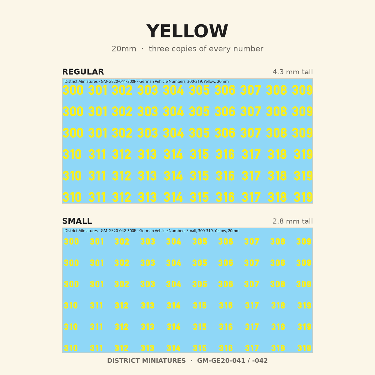 Yellow German vehicle numbers, 20mm, Regular and Small