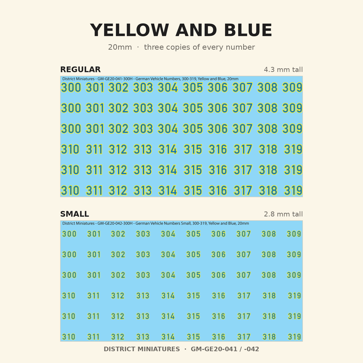 Yellow and Blue German vehicle numbers, 20mm, Regular and Small
