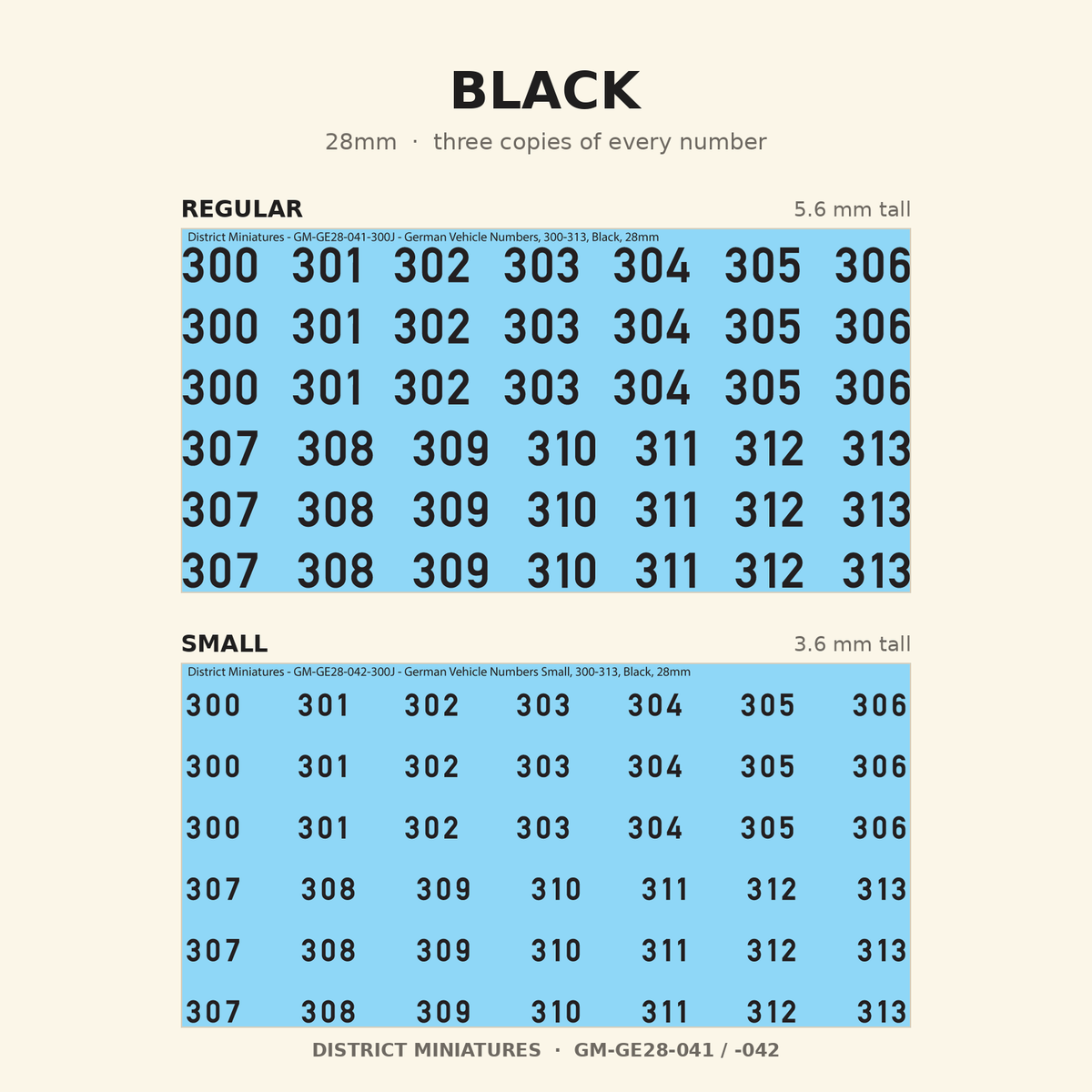Black German vehicle numbers, 28mm, Regular and Small