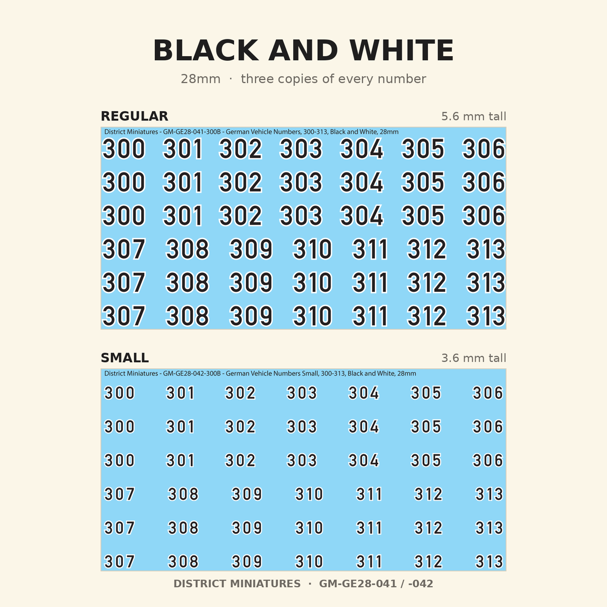 Black and White German vehicle numbers, 28mm, Regular and Small