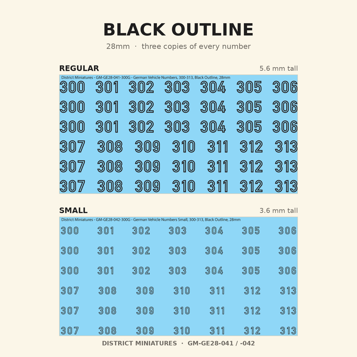 Black Outline German vehicle numbers, 28mm, Regular and Small