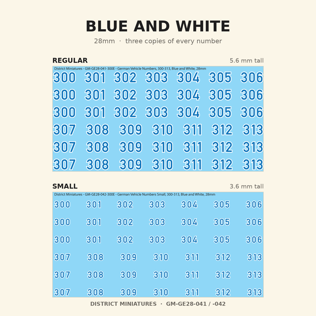 Blue and White German vehicle numbers, 28mm, Regular and Small