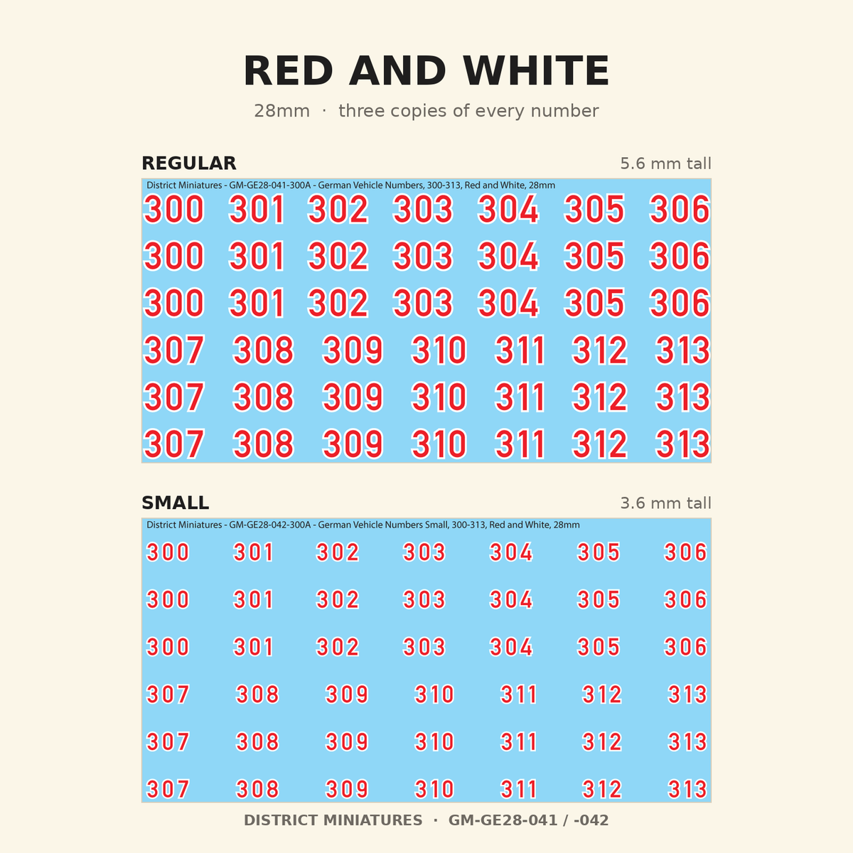 Red and White German vehicle numbers, 28mm, Regular and Small