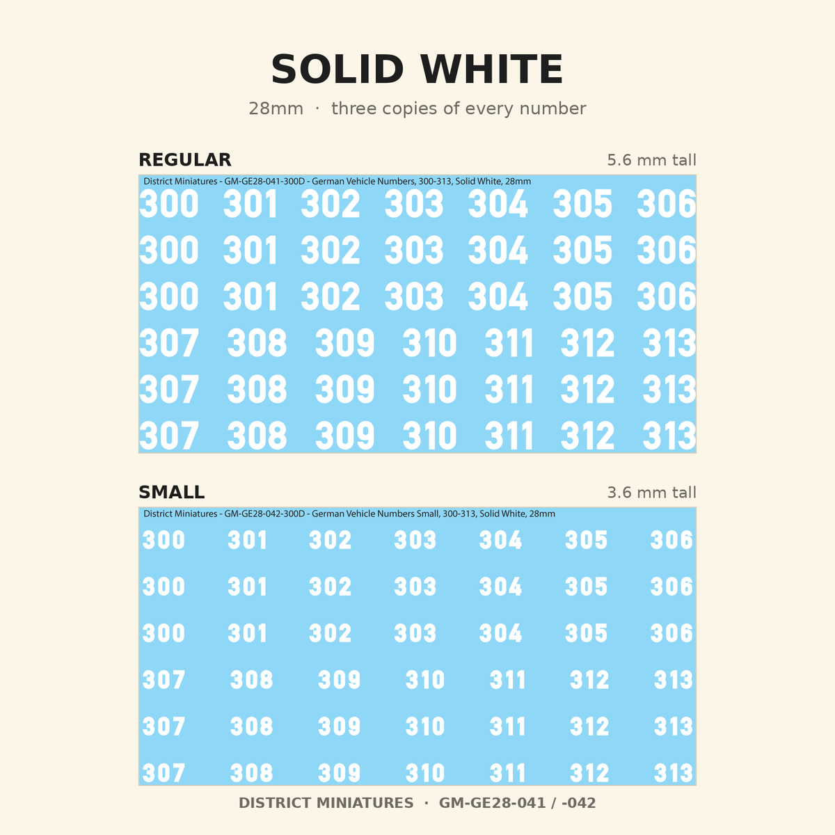 Solid White German vehicle numbers, 28mm, Regular and Small