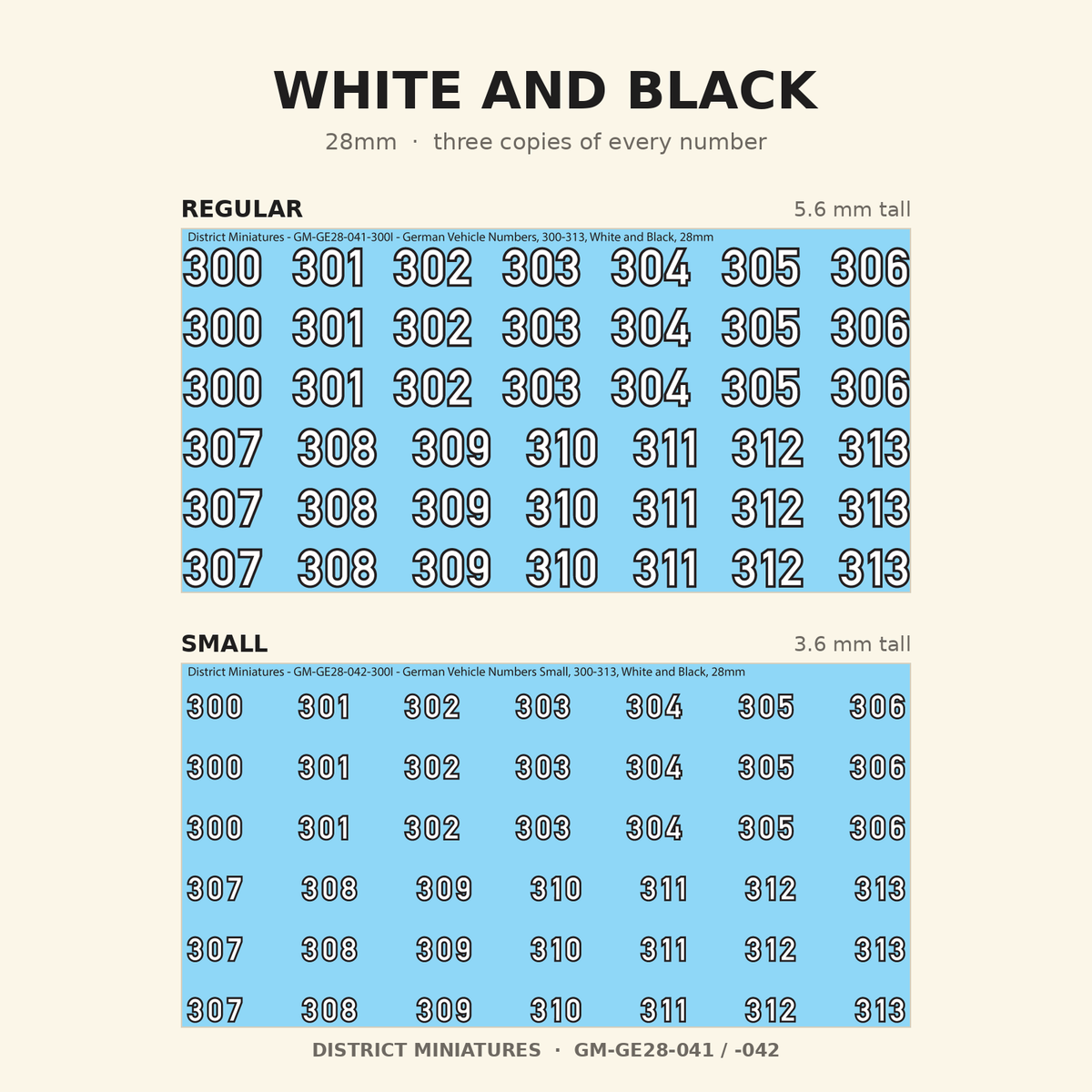 White and Black German vehicle numbers, 28mm, Regular and Small