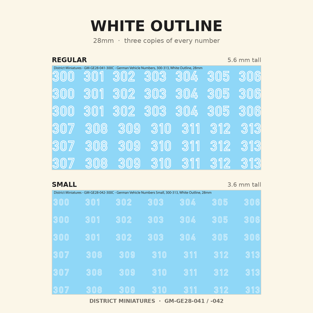 White Outline German vehicle numbers, 28mm, Regular and Small