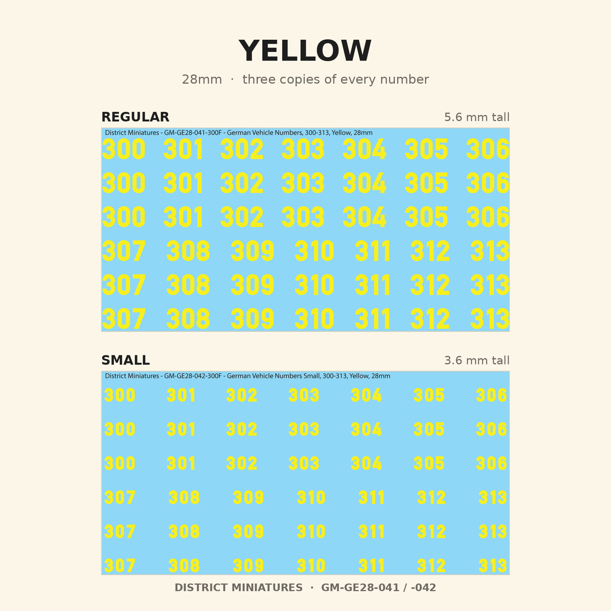 Yellow German vehicle numbers, 28mm, Regular and Small