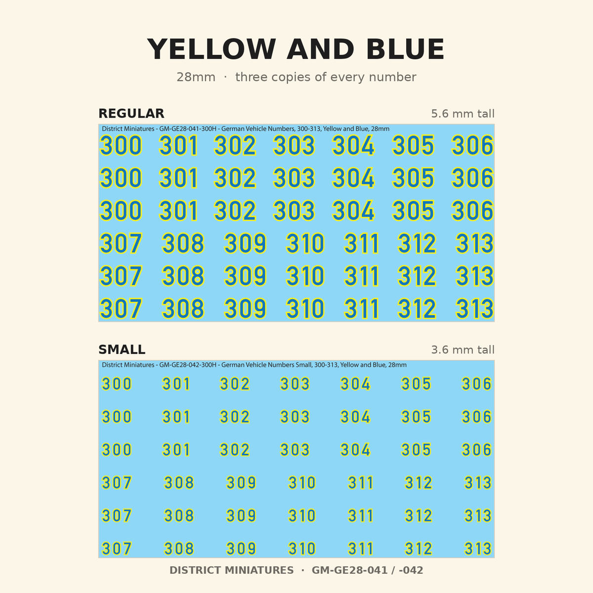 Yellow and Blue German vehicle numbers, 28mm, Regular and Small