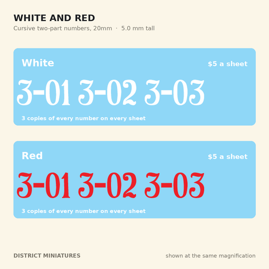 WW2 Soviet vehicle numbers in white and red, Cursive two-part, 20mm