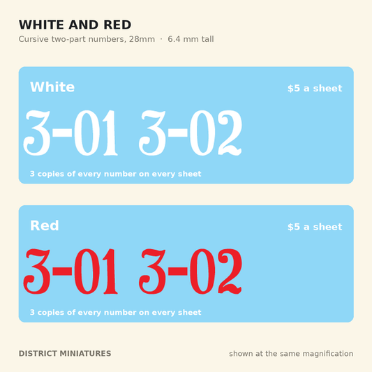 WW2 Soviet vehicle numbers in white and red, Cursive two-part, 28mm